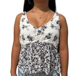 Hollister Blue White Floral Peplum Tank Top Women’s Small Sleeveless Summer Blou